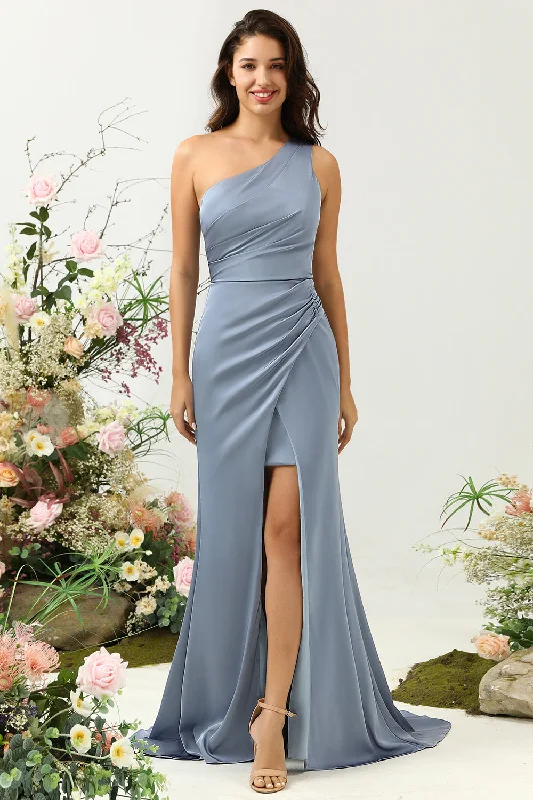 Dusty Blue One Shoulder Sheath Long Bridesmaid Dress with Slit