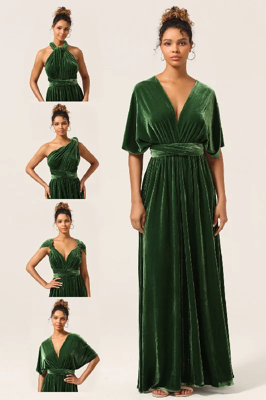 Elegant A Line V Neck Dark Green Covertible Wear Velvet Long Bridesmaid Dress