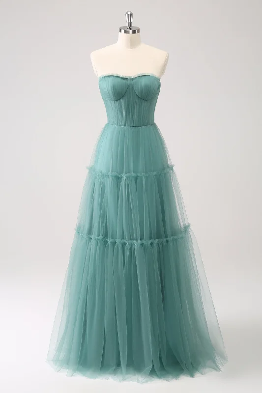 Wedding guest dresses with button - down fronts and A - line silhouettesEucalyptus Strapless Corset Tulle A-Line Bridesmaid Dress Wedding guest dresses with button - down fronts and A - line silhouettesEucalyptus Strapless Corset Tulle A-Line Bridesmaid Dress