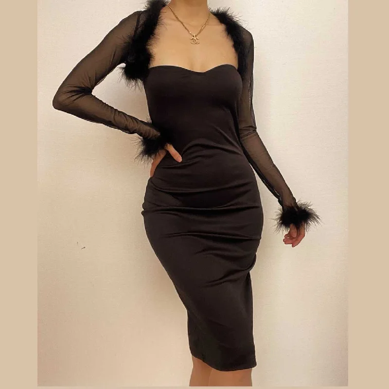 BerryBetty - Feather solid mesh long sleeve 2 piece tube midi dress