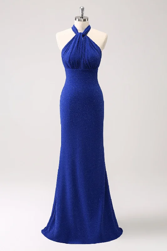 Wedding guest dresses with cold - shoulder designs and solid colorsGlitter Blue Halter Mermaid Long Bridesmaid Dress Wedding guest dresses with cold - shoulder designs and solid colorsGlitter Blue Halter Mermaid Long Bridesmaid Dress