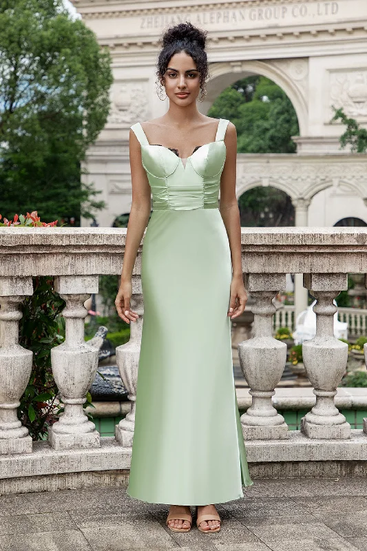 One - shoulder wedding guest dresses with beaded detailsGreen Mermaid Square Neck Long Satin Bridesmaid Dress with Eyelash Lace