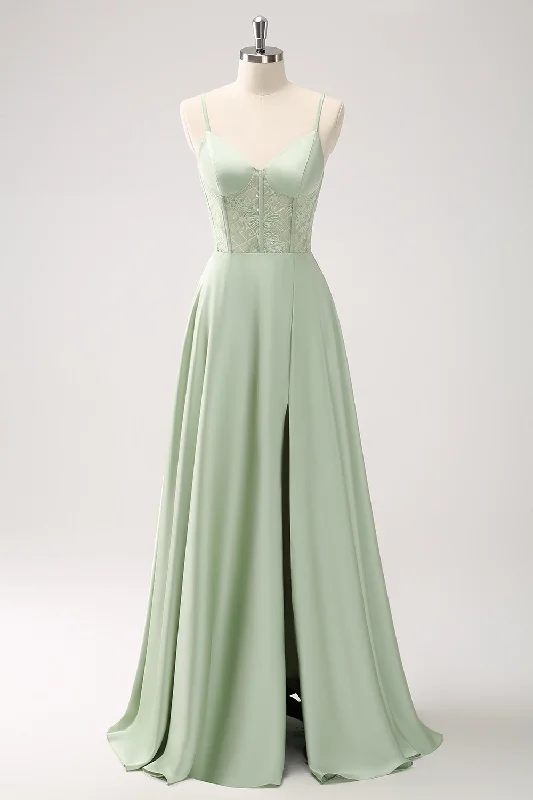 Printed wedding guest dresses with tropical motifs for beach weddingsGreen Spaghetti Straps A-Line Satin Long Corset Bridesmaid Dress with Slit Printed wedding guest dresses with tropical motifs for beach weddingsGreen Spaghetti Straps A-Line Satin Long Corset Bridesmaid Dress with Slit