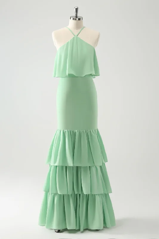Bow - backed wedding guest dresses in silk for a luxurious feelGreen Tiered Chiffon Mermaid Halter Tiered Wedding Guest Dress Bow - backed wedding guest dresses in silk for a luxurious feelGreen Tiered Chiffon Mermaid Halter Tiered Wedding Guest Dress