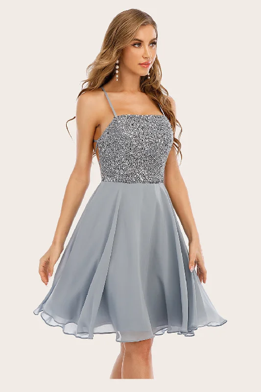 Grey Beaded Short Homecoming Dress