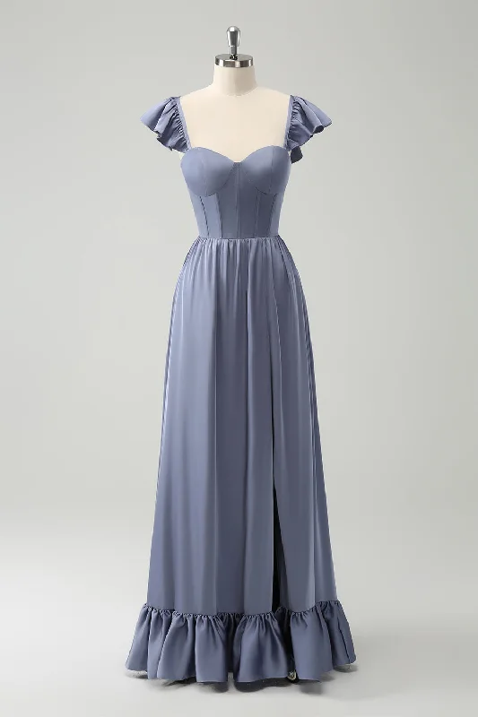 Animal - print wedding guest dresses in subtle colors for a bold statementGrey Blue A Line Backless Corset Chiffon Bridesmaid Dress