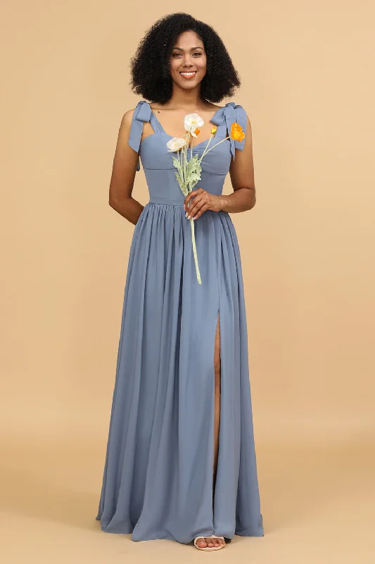 Polka - dot - printed wedding guest dresses with short sleevesGrey Blue Spaghetti Straps Long Chiffon Bridesmaid Dress with Slit Polka - dot - printed wedding guest dresses with short sleevesGrey Blue Spaghetti Straps Long Chiffon Bridesmaid Dress with Slit