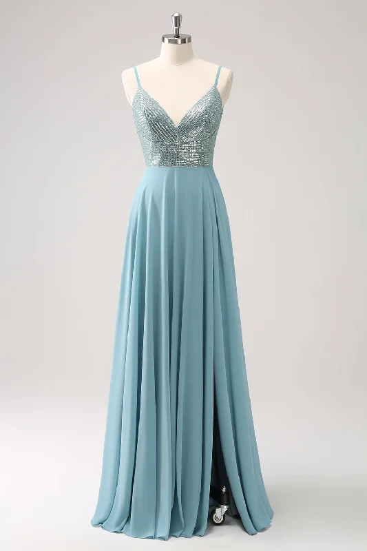 Mini wedding guest dresses with glittery accents for a trendy lookGrey Green A-Line Spaghetti Straps Chiffon Long Bridesmaid Dress with Slit Mini wedding guest dresses with glittery accents for a trendy lookGrey Green A-Line Spaghetti Straps Chiffon Long Bridesmaid Dress with Slit