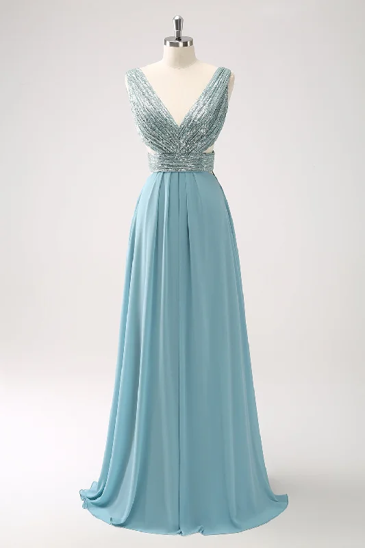 Sleeveless wedding guest dresses with ruffled hemsGrey Green V Neck A-Line Sequins Chiffon Long Bridesmaid Dress Sleeveless wedding guest dresses with ruffled hemsGrey Green V Neck A-Line Sequins Chiffon Long Bridesmaid Dress