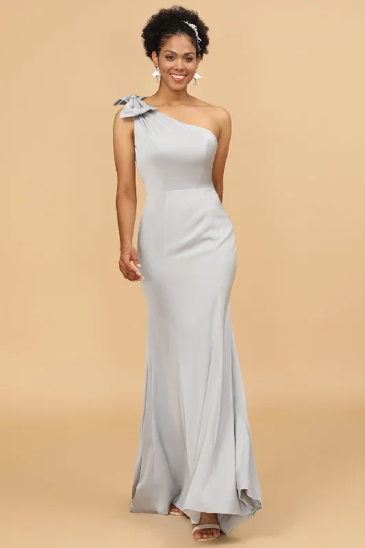 Midi wedding guest dresses in navy blue for a formal affairGrey Satin One Shoulder Mermaid Bridesmaid Dress With Bowknot Midi wedding guest dresses in navy blue for a formal affairGrey Satin One Shoulder Mermaid Bridesmaid Dress With Bowknot