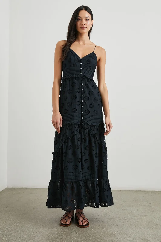 Wedding guest dresses with abstract prints and long trainsHENRIETTA DRESS - BLACK