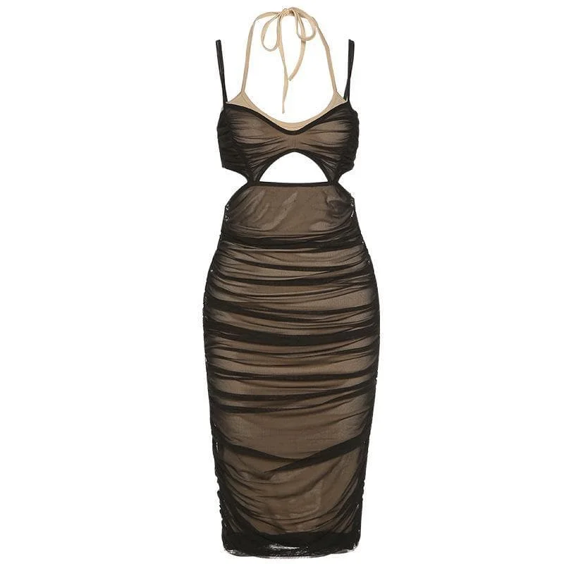Cocktail dresses with a pom - pom trim and a short - sleeved styleBerryBetty - Hollow out halter ruched mesh midi dress Cocktail dresses with a pom - pom trim and a short - sleeved styleBerryBetty - Hollow out halter ruched mesh midi dress