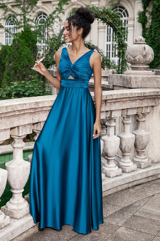 Midi wedding guest dresses in navy blue for a formal affairInk Blue A Line V Neck Keyhole Pleated Long Bridesmaid Dress