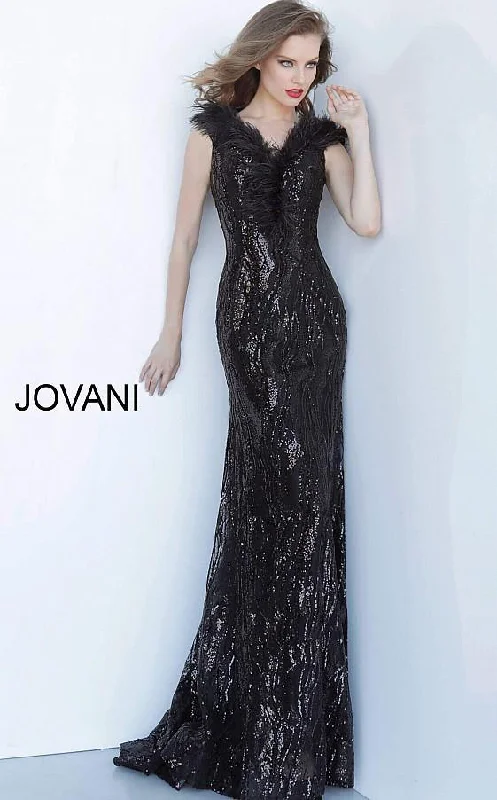 Jovani 2925 Black Off the Shoulder Feather Neckline Evening Dress