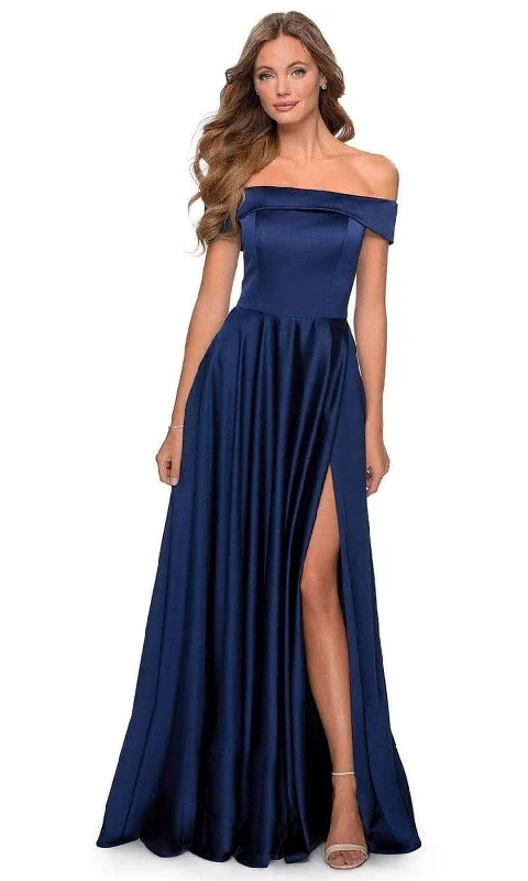 La Femme - 28978 Satin Off-Shoulder A-line Modest Prom Gown