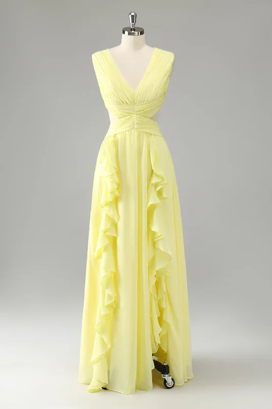 Halter - neck wedding guest dresses with beaded strapsLemon Yellow A Line Cut Out Long Bridesmaid Dress with Ruffles