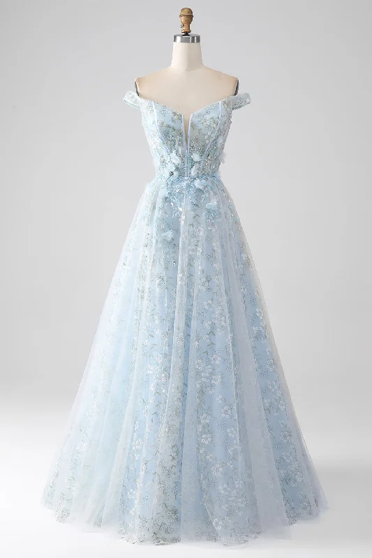 Mini cocktail dresses with a denim fabric for a casual - chic lookLight Blue A-Line Off the Shoulder Long Corset Prom Dress Mini cocktail dresses with a denim fabric for a casual - chic lookLight Blue A-Line Off the Shoulder Long Corset Prom Dress