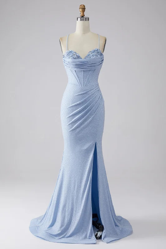 Satin cocktail dresses with a high - low hem for a modern touchLight Blue Sparkly Mermaid Prom Dress with Slit Satin cocktail dresses with a high - low hem for a modern touchLight Blue Sparkly Mermaid Prom Dress with Slit