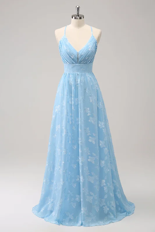 Wedding guest dresses with pom - pom trims for a playful lookSparkly Light Blue V-Neck Pleated Bridesmaid Dress with Embroidery Wedding guest dresses with pom - pom trims for a playful lookSparkly Light Blue V-Neck Pleated Bridesmaid Dress with Embroidery