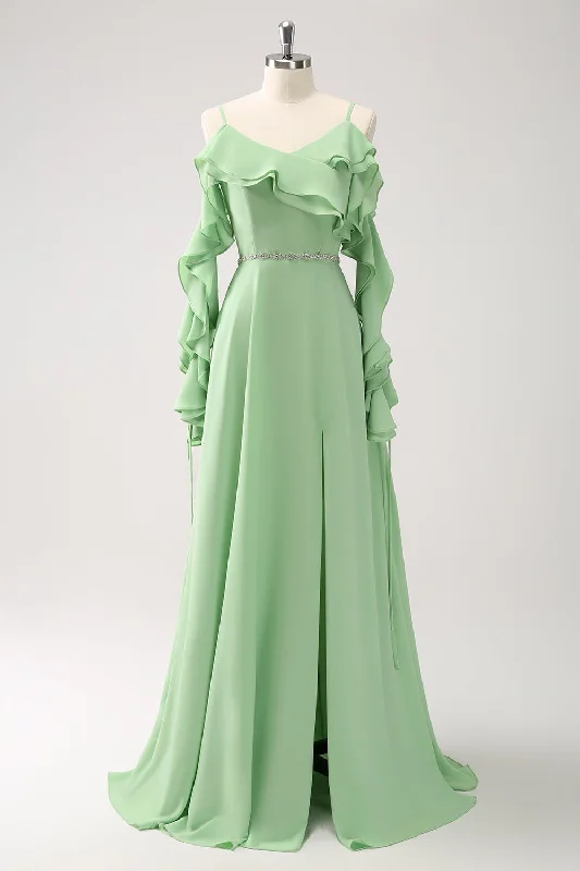 Halter - neck wedding guest dresses with beaded strapsLight Green Cold Shoulder A-Line Chiffon Long Bridesmaid Dress with Ruffles