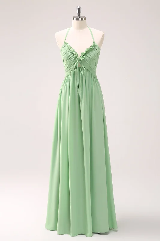Sheer wedding guest dresses with lace inserts and long sleevesLight Green A Line Halter Backless Lace Up Long Bridesmaid Dress Sheer wedding guest dresses with lace inserts and long sleevesLight Green A Line Halter Backless Lace Up Long Bridesmaid Dress