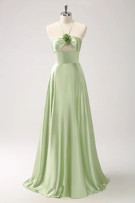 Wedding guest dresses with tiered skirts for a feminine lookLight Green A-Line Halter Hollow Out Satin Bridesmaid Dress with Flower Wedding guest dresses with tiered skirts for a feminine lookLight Green A-Line Halter Hollow Out Satin Bridesmaid Dress with Flower