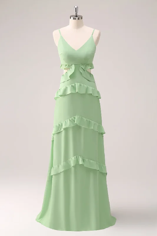 Mini wedding guest dresses with glittery accents for a trendy lookLight Green Spaghetti Straps Hollow Out Long Bridesmaid Dress with Slit Mini wedding guest dresses with glittery accents for a trendy lookLight Green Spaghetti Straps Hollow Out Long Bridesmaid Dress with Slit