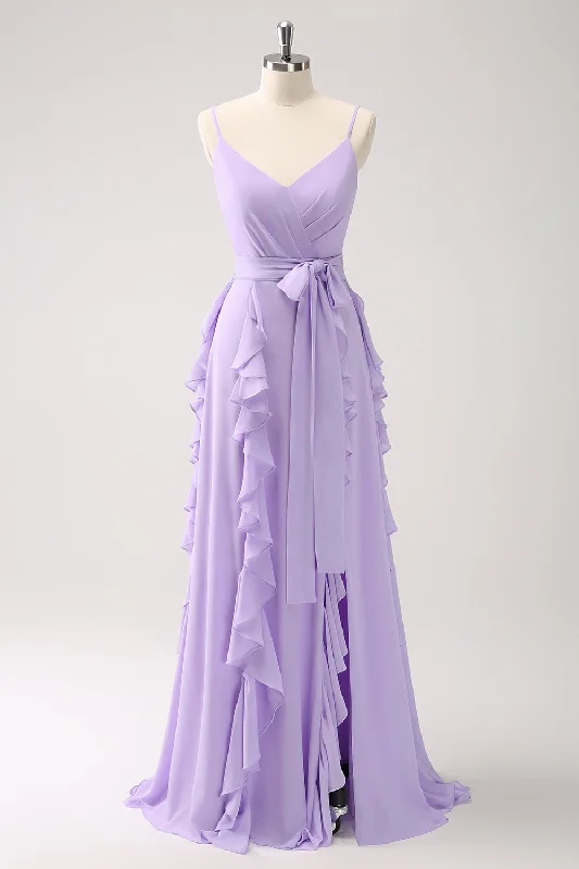 Wedding guest dresses with puff sleeves and knee - length hemsLilac A-Line Chiffon Ruffled Bridesmaid Dress with Slit Wedding guest dresses with puff sleeves and knee - length hemsLilac A-Line Chiffon Ruffled Bridesmaid Dress with Slit