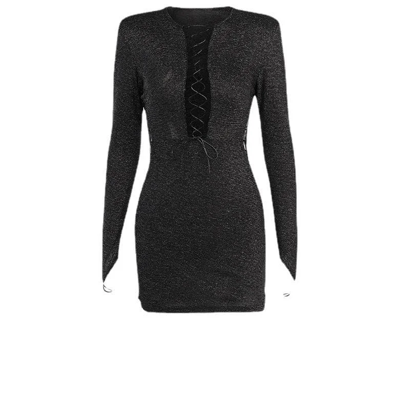 BerryBetty - Long sleeve hollow out lace up gloves textured mini dress - Final Sale