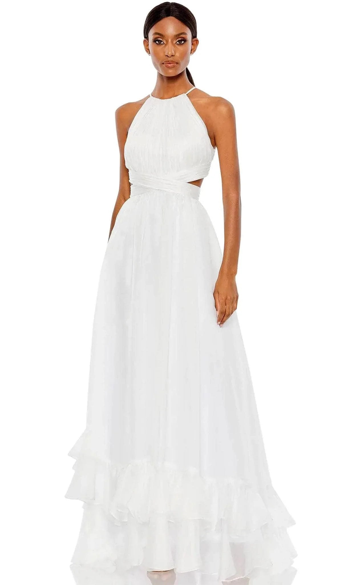 Wedding guest dresses with fringe accents for a bohemian - inspired weddingMac Duggal 49530 - Halter Neck Side Cut-Out Long Dress