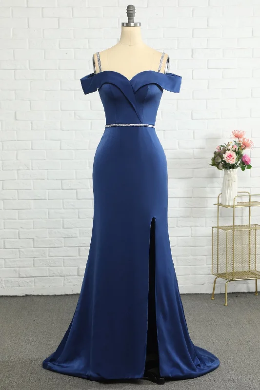 Geometric - printed wedding guest dresses for a modern weddingMermaid Off the Shoulder Navy Bridesmaid Dress with Beading
