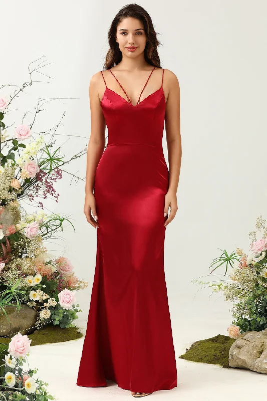 Sheer wedding guest dresses with lace inserts and long sleevesMermaid Spaghetti Straps Burgundy Long Bridesmaid Dress with Backless