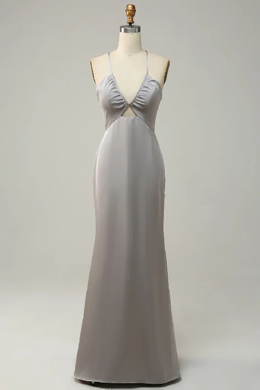 Wedding guest dresses with puff sleeves and knee - length hemsMermaid Spaghetti Straps Grey Long Bridesmaid Dress with Open Back