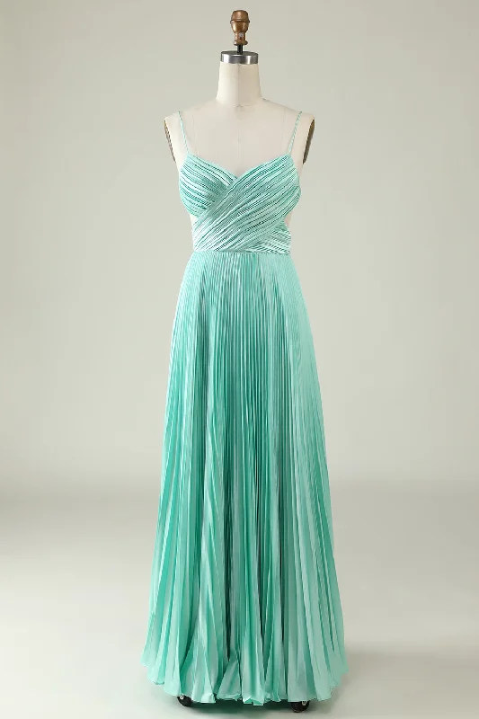 Wedding guest dresses with cold - shoulder ruffled sleeves and knee - length hemsMint Green Pleated Long Bridesmaid Dress