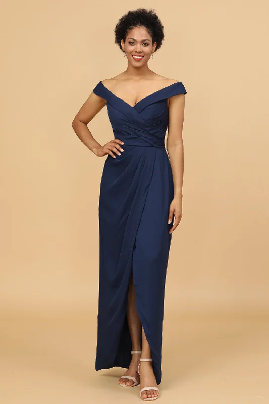 Maxi wedding guest dresses with floral prints for summer weddingsNavy Off The Shoulder Sheath Bridesmaid Dress Maxi wedding guest dresses with floral prints for summer weddingsNavy Off The Shoulder Sheath Bridesmaid Dress