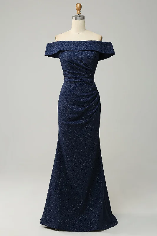 Wedding guest dresses with cold - shoulder ruffled sleeves and knee - length hemsNavy Off The Shoulder Sparkly Sheath Long Bridesmaid Dress Wedding guest dresses with cold - shoulder ruffled sleeves and knee - length hemsNavy Off The Shoulder Sparkly Sheath Long Bridesmaid Dress
