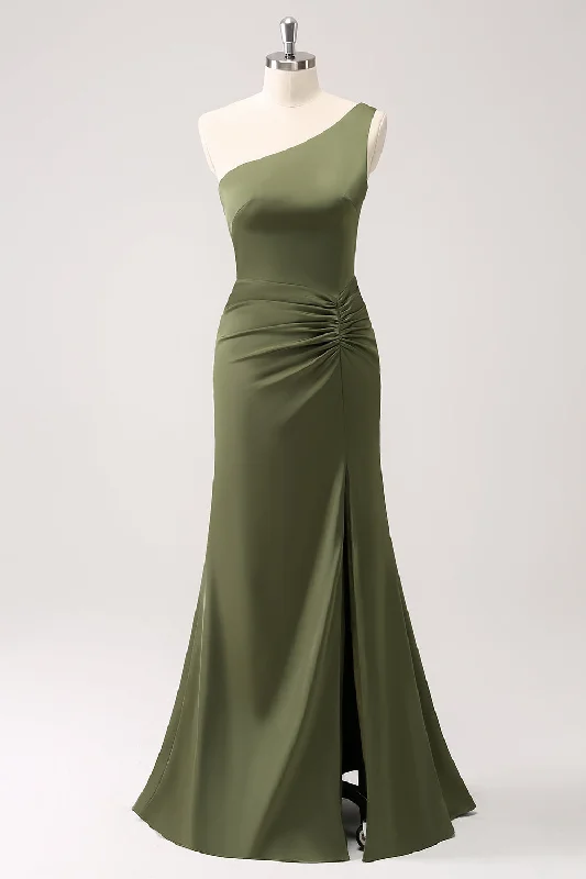 Wedding guest dresses with high - low hems and floral appliquesOlive One Shoulder Mermaid Satin Long Bridesmaid Dress