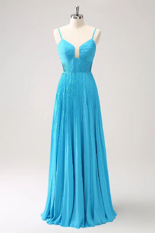 Sleeveless wedding guest dresses with pleated bodicesPeacock Blue A-Line Spaghetti Straps Bridesmaid Dress Sleeveless wedding guest dresses with pleated bodicesPeacock Blue A-Line Spaghetti Straps Bridesmaid Dress