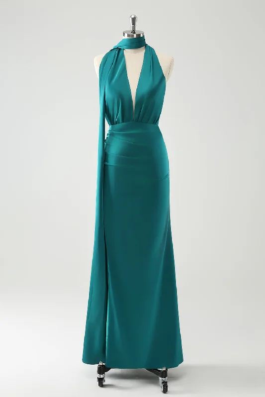 Wedding guest dresses with tassel - adorned belts and A - line skirtsPeacock Sheath V-Neck Backless Wedding Guest Dress with Slit