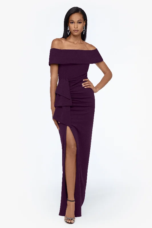 Mini cocktail dresses with a beaded bodice and a flirty A - line skirtPetite "Camila" Long Off the Shoulder Scuba Crepe Dress Mini cocktail dresses with a beaded bodice and a flirty A - line skirtPetite "Camila" Long Off the Shoulder Scuba Crepe Dress