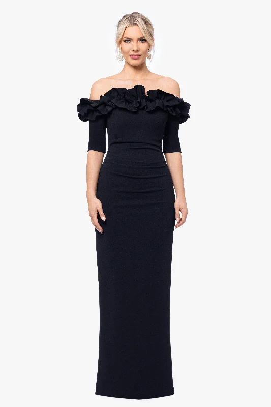 Sheer cocktail dresses with a lining and a short hemPetite "Isla" Long Scuba Crepe Off the Shoulder Ruffle Top Dress Sheer cocktail dresses with a lining and a short hemPetite "Isla" Long Scuba Crepe Off the Shoulder Ruffle Top Dress