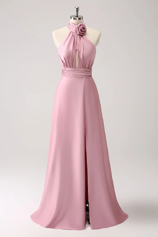 Midi wedding guest dresses in navy blue for a formal affairPink Keyhole A-Line Satin Bridesmaid Dress with Slit Midi wedding guest dresses in navy blue for a formal affairPink Keyhole A-Line Satin Bridesmaid Dress with Slit