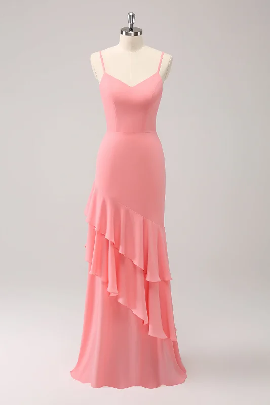 Off - the - shoulder wedding guest dresses in chiffonPink Spaghetti Straps Mermaid Bridesmaid Dress with Ruffles Off - the - shoulder wedding guest dresses in chiffonPink Spaghetti Straps Mermaid Bridesmaid Dress with Ruffles