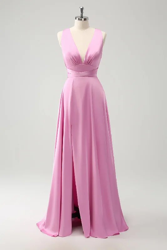 Wedding guest dresses with mesh panels and empire waistsPink A Line V-Neck Backless Bridesmaid Dress with Slit