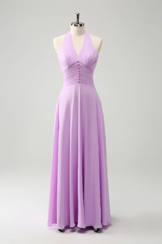 Mini wedding guest dresses with glittery accents for a trendy lookPurple A Line Halter Chiffon Long Backless Bridesmaid Dress