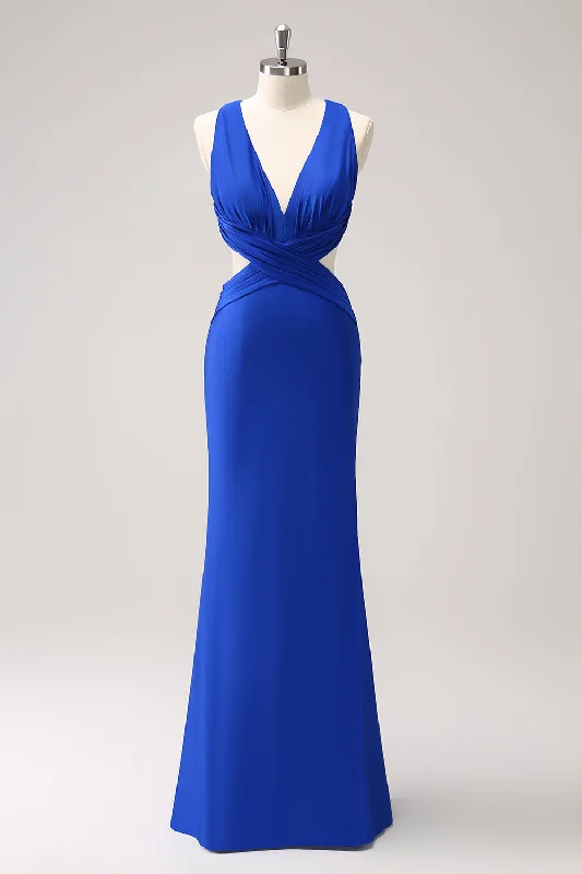 Wedding guest dresses with ruched bodices and spaghetti strapsRoyal Blue Mermaid Cut Out Ruched Long Bridesmaid Dress Wedding guest dresses with ruched bodices and spaghetti strapsRoyal Blue Mermaid Cut Out Ruched Long Bridesmaid Dress