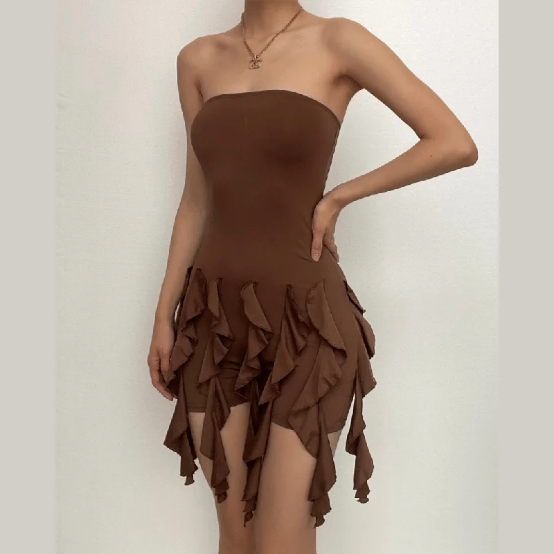 Cocktail dresses with a patchwork pattern and a mid - thigh lengthBerryBetty - Ruffle solid ribbon backless tube romper