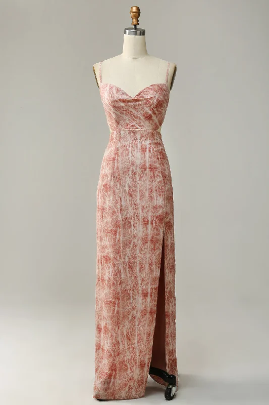 Tea - length wedding guest dresses with polka dot patternsSheath Spaghetti Straps Blush Long Bridesmaid Dress with Split Front Tea - length wedding guest dresses with polka dot patternsSheath Spaghetti Straps Blush Long Bridesmaid Dress with Split Front