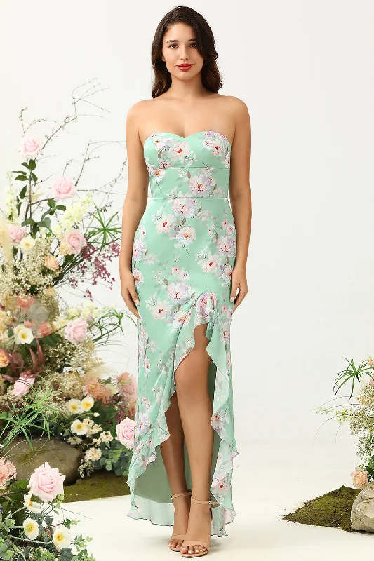 Geometric - printed wedding guest dresses for a modern weddingSheath Spaghetti Straps Light Green Floral Printed Bridesmaid Dress with Split Front Geometric - printed wedding guest dresses for a modern weddingSheath Spaghetti Straps Light Green Floral Printed Bridesmaid Dress with Split Front