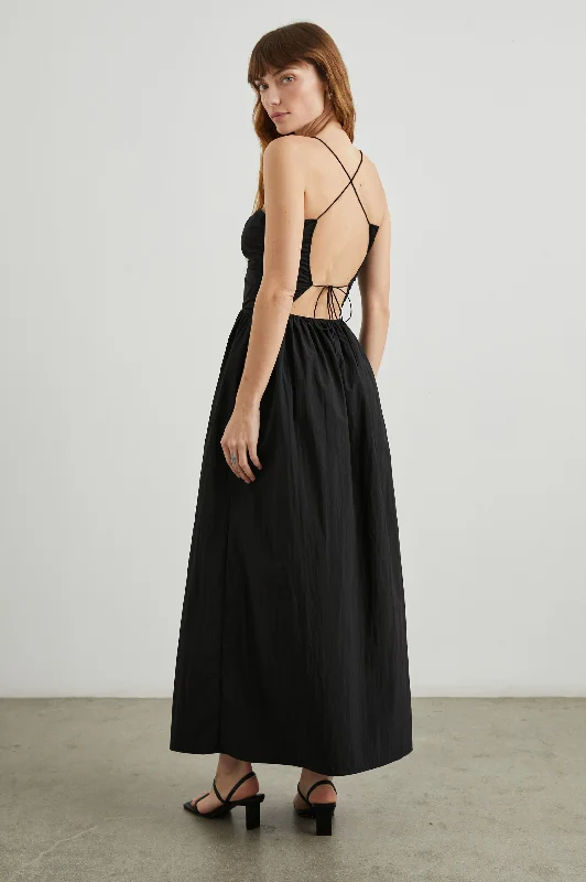 Wedding guest dresses with gathered skirts and V - necklinesSILVIA DRESS - BLACK NYLON